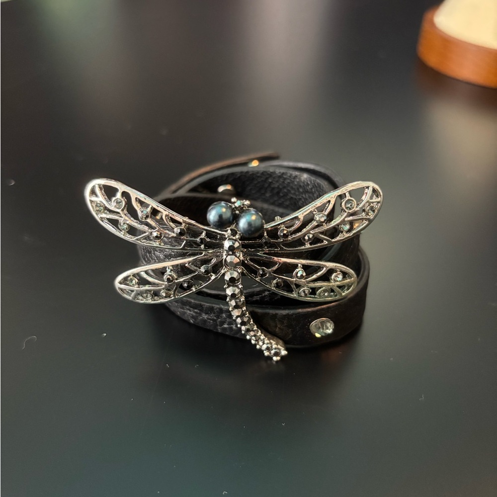 Elegant Silver Dragonfly Leather wrap Bracelet